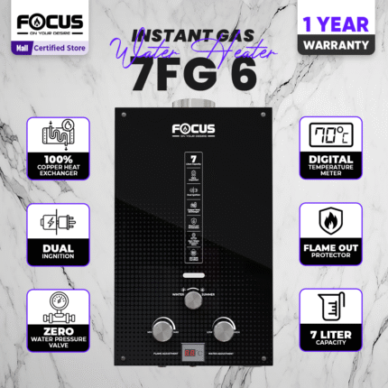 Focus Instant 7 Liters Tempered Glass Gas Geysers with Dual Ignition | 100% Imported | LPG and Natural Gas Supported | Model 7FG06 | 7 Liters Capacity